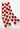 A pair of crew socks with a white background featuring a repeating pattern of red cardinal birds arranged in diamond shapes.